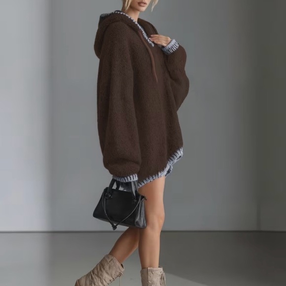 Brown Oversized Sweater Hoodie Cozy Knit Pullover Size L - Picture 3 of 7